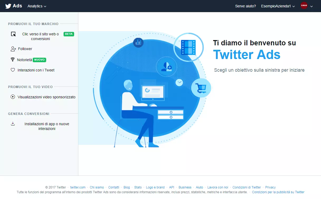 Screenshot della pagina iniziale di Twitter Ads