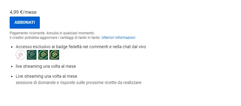 Esempio schema di premi per sponsor su YouTube