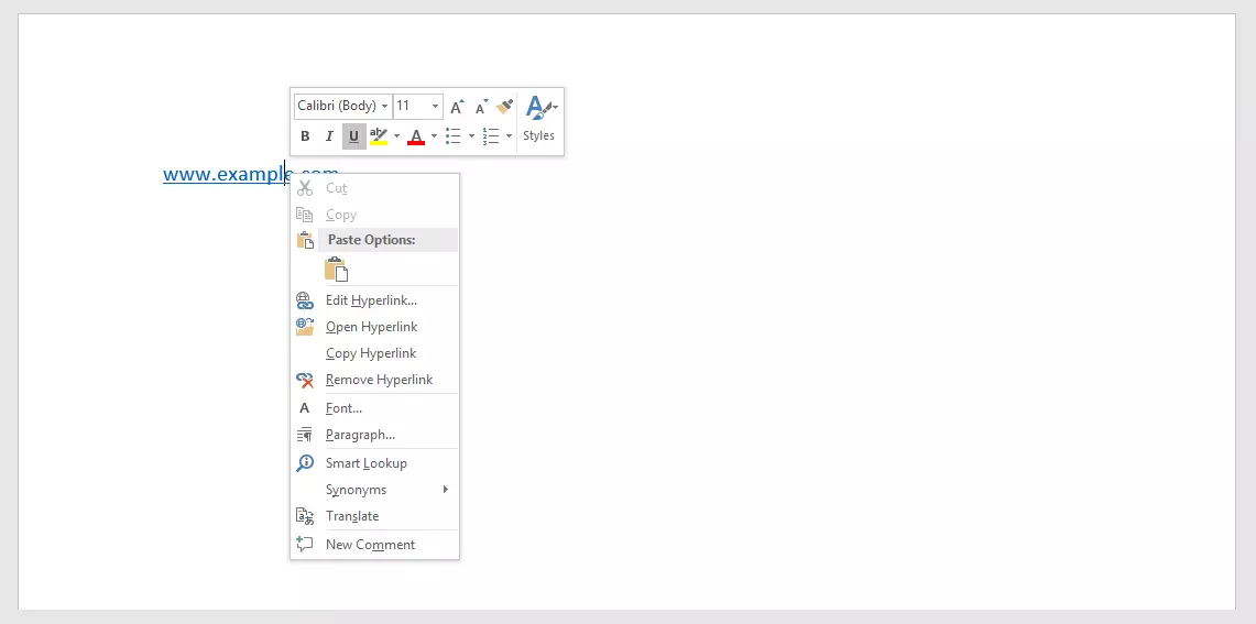 Documento di Microsoft Word con collegamento ipertestuale da rimuovere