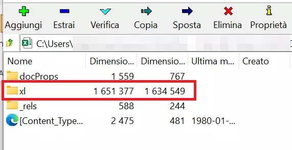 File Excel aperto nel programma 7-Zip