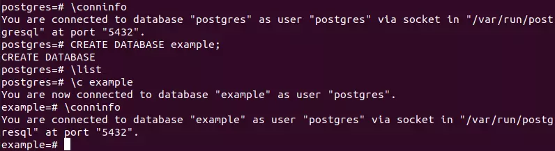 Comandi per creare un nuovo database PostgreSQL e selezionarlo con i comandi nel terminale di Ubuntu 20.04