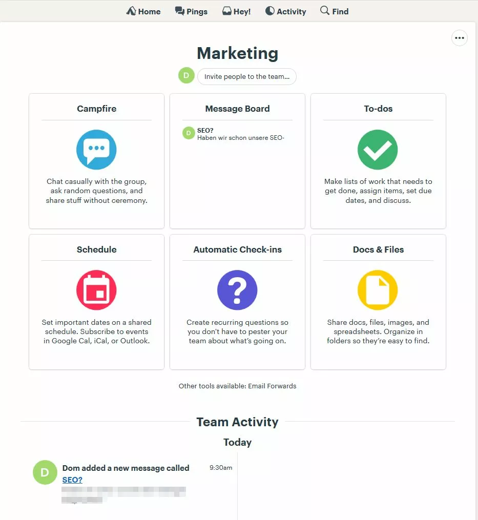 Pagina di un esempio di team su Basecamp