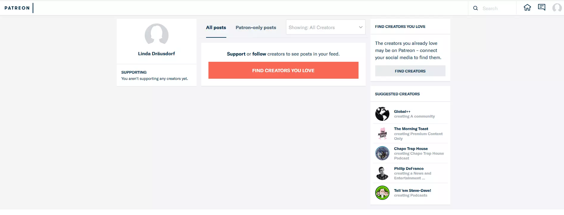 Profilo utente di uno sponsor Patreon con feed di contributi e proposte di pagine di progetto