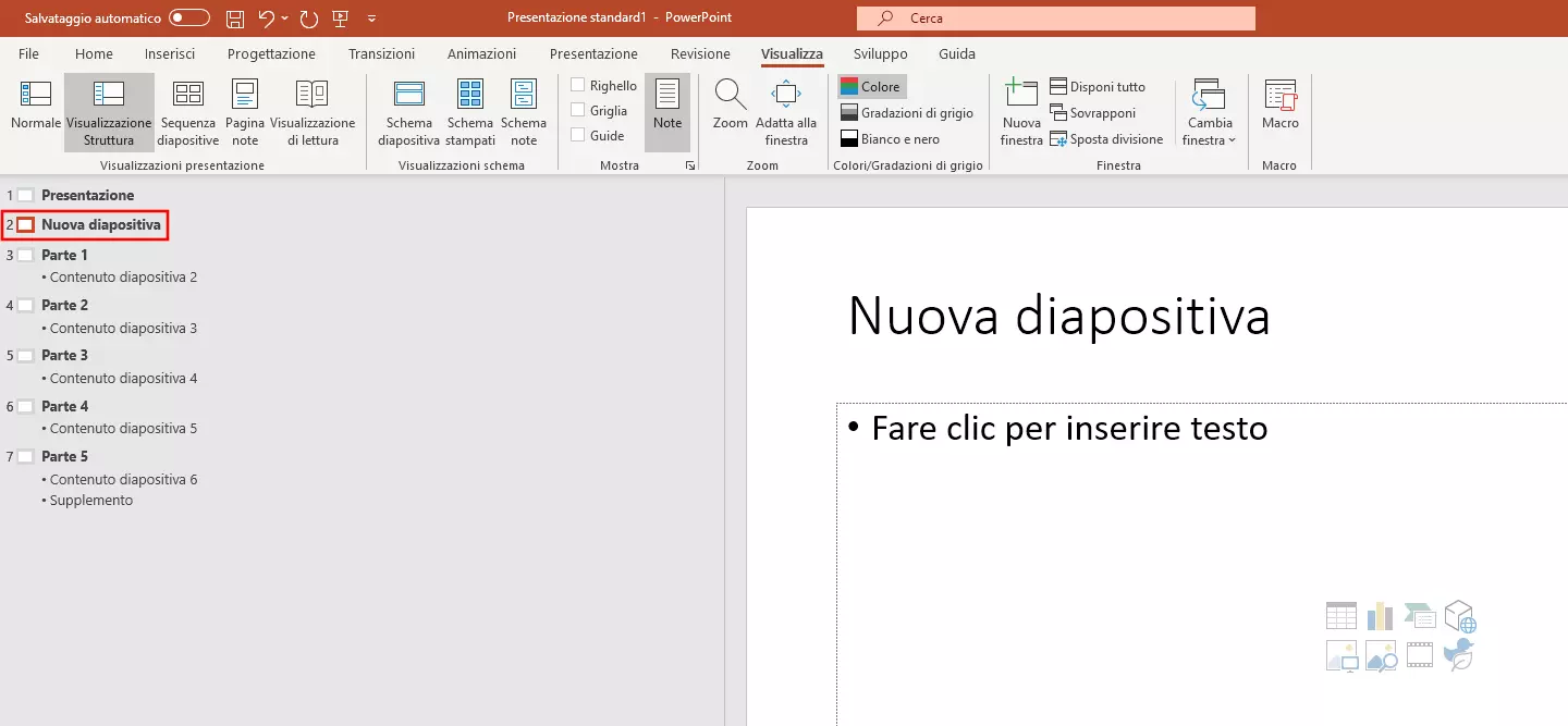 Visualizzazione struttura in PowerPoint: inserire nuove diapositive