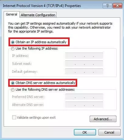 Menu delle opzioni del protocollo Internet (TCP/IPv4) su Windows 7