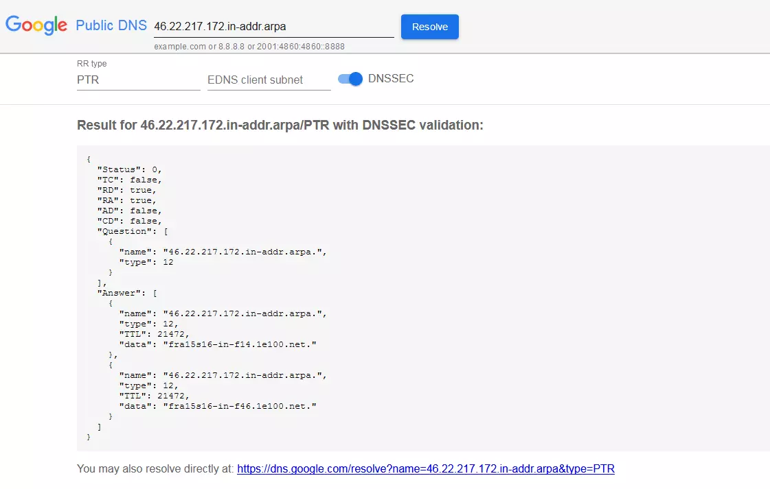 Check dei record PTR su Google Public DNS