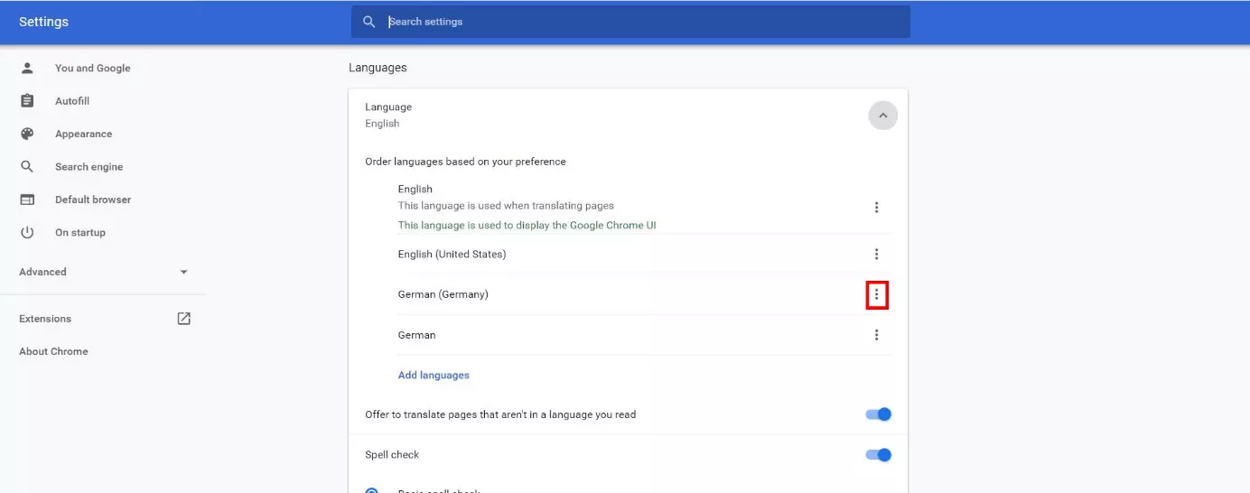 Menu “Lingue” nel browser Google Chrome: selezione della lingua