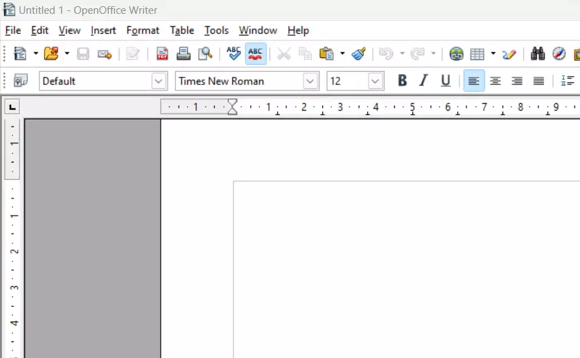 Interfaccia utente di OpenOffice Writer in inglese con esempio di un nuovo documento