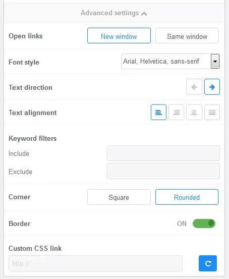 Menu di FeedWind delle impostazioni avanzate