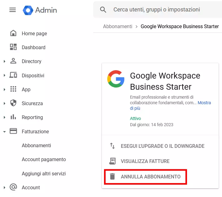 L’abbonamento selezionato e il pulsante per annullarlo