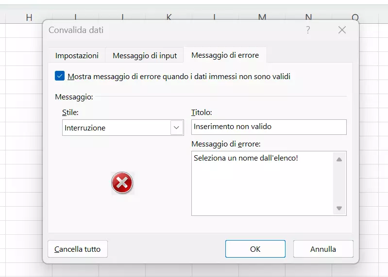 Inserire un messaggio di errore per l’elenco a discesa in Excel