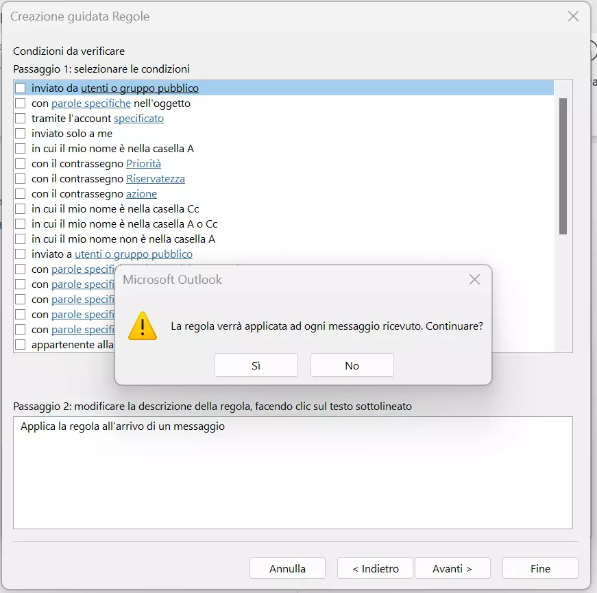 Outlook 365: condizioni per le regole da applicare alla posta in arrivo