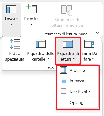 Pulsante Riquadro di lettura con le opzioni di configurazione nella scheda Layout