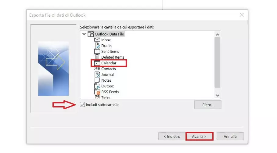 Procedura guidata di importazione ed esportazione di Outlook: selezione dei dati da esportare