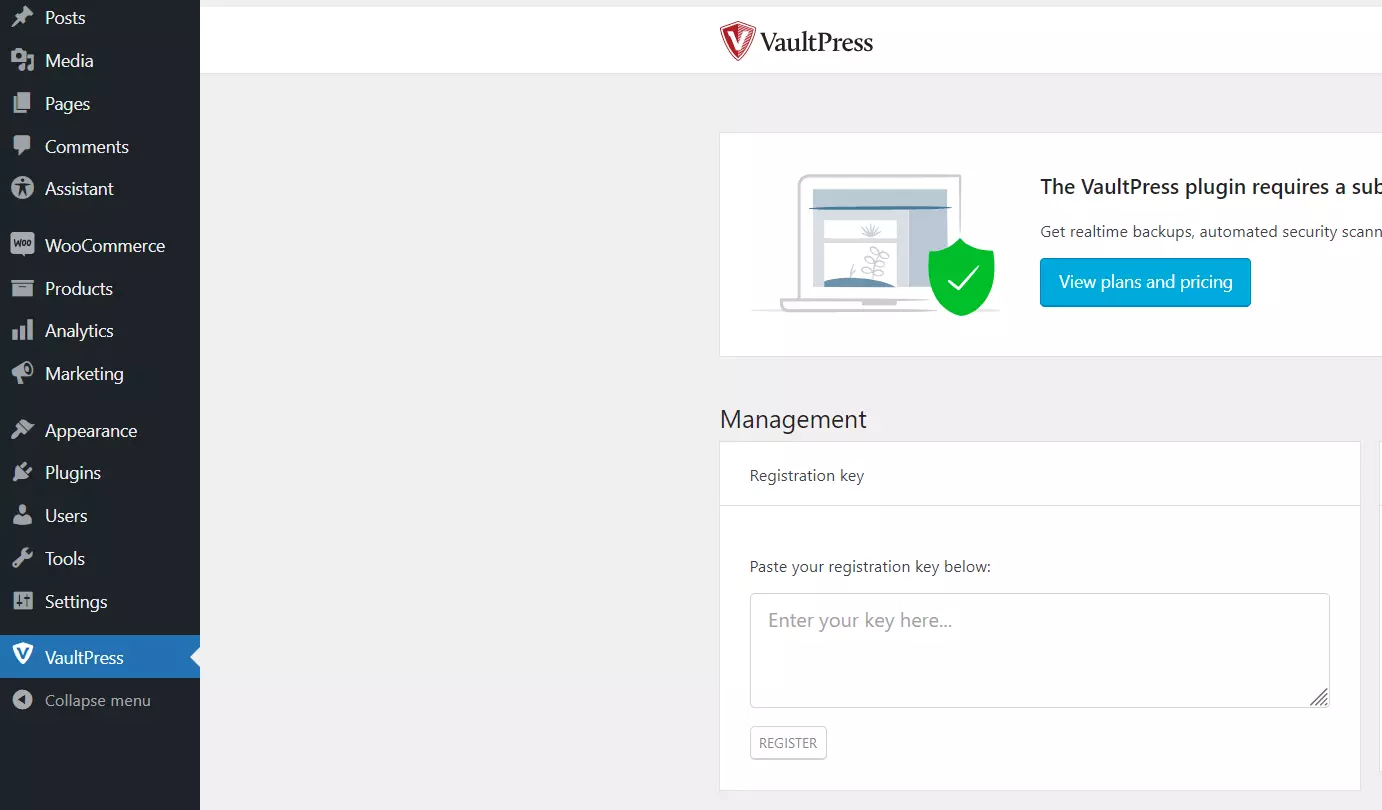 VaultPress nel back end di WordPress