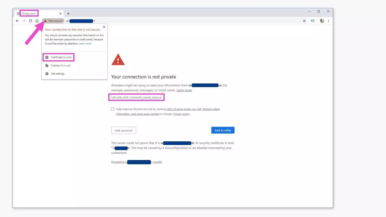 Notifica di errore “ERR_CERT_COMMON_NAME_INVALID” nel browser Chrome