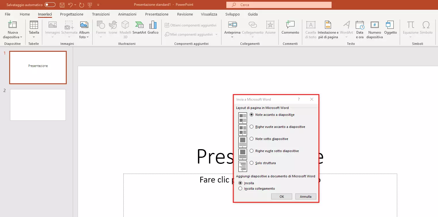 Inviare presentazione PowerPoint a Microsoft Word