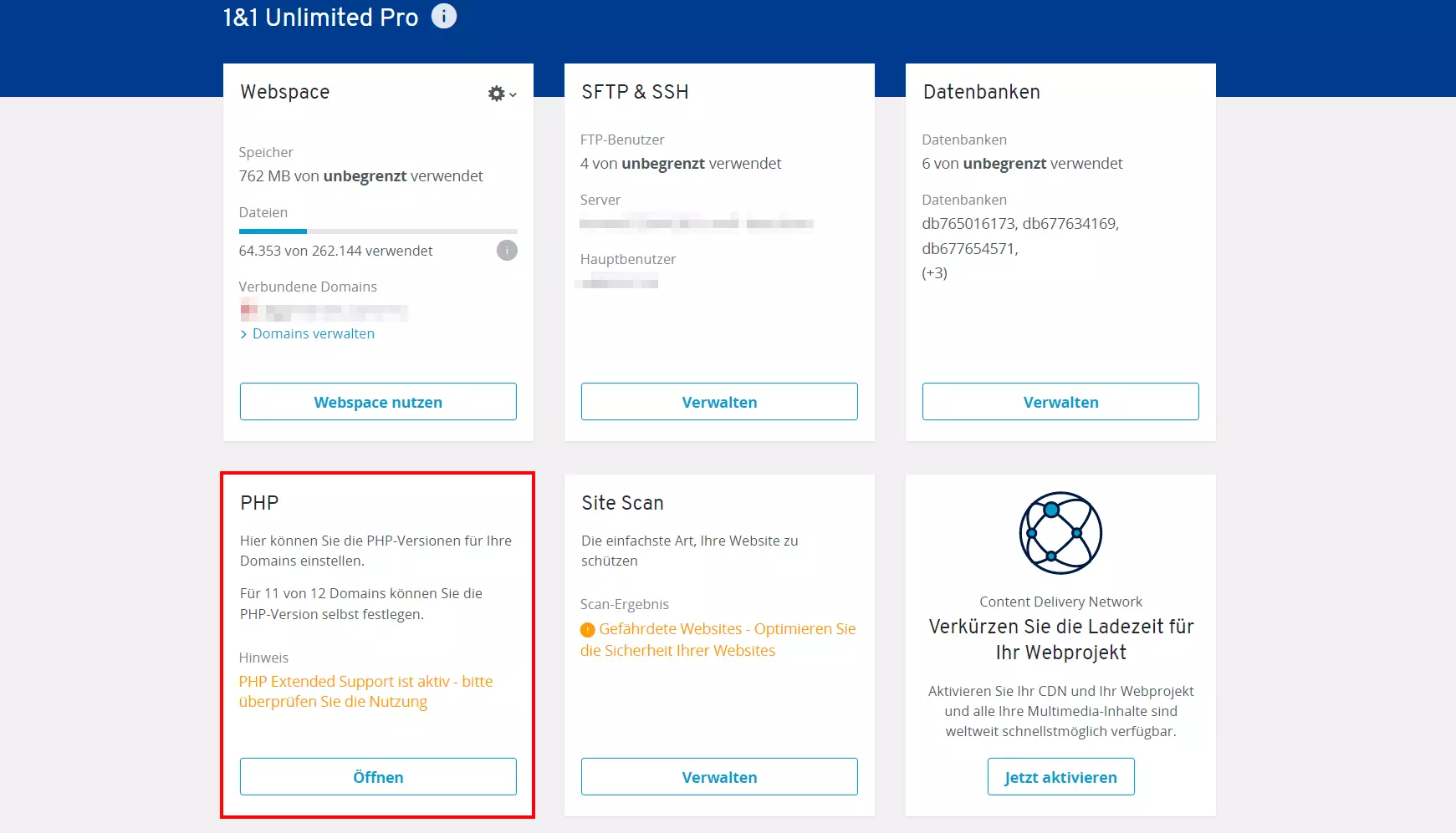 Pannello di controllo IONOS: scheda PHP nella panoramica dell’hosting