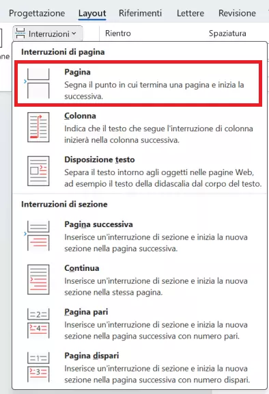 Menu di Word per le interruzioni di pagina