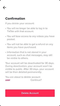 Informativa sulla cancellazione dell’account TikTok