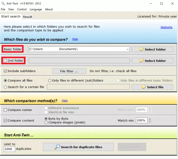 Nella “Cartella base” e “Seconda cartella” potrete stabilire quali directory analizzare