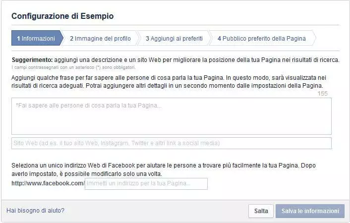 Impostare una pagina Facebook: inserire una breve descrizione