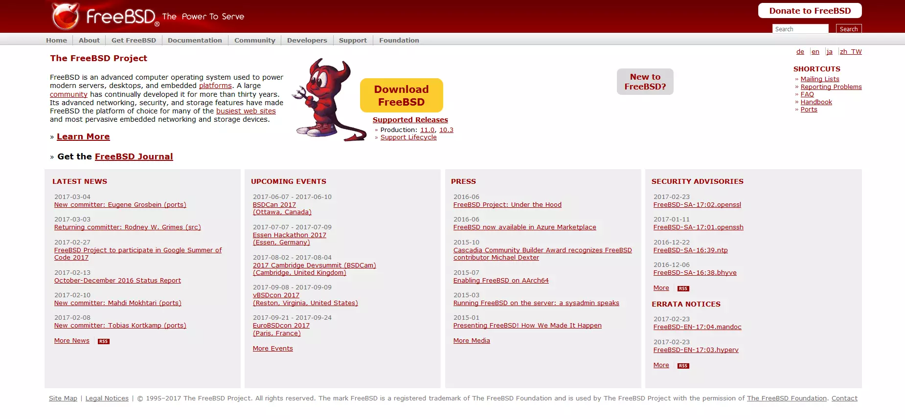 La pagina iniziale del progetto open source FreeBSD