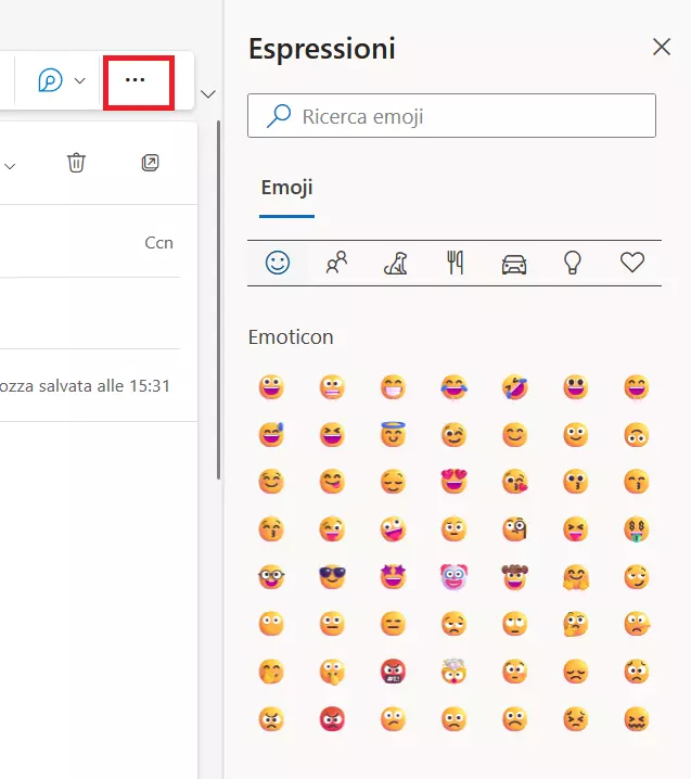 Menu “Espressioni” nelle altre opzioni di Outlook