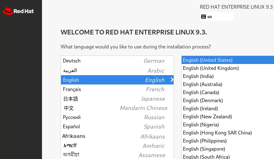 Selezione della lingua per l’installazione di RHEL 9