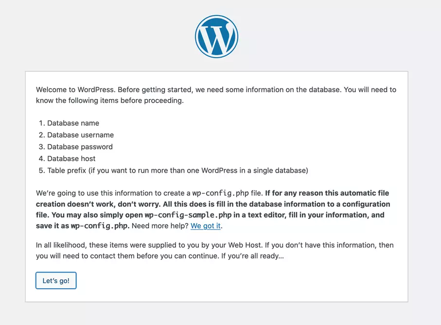 Pagina di installazione di WordPress in XAMPP