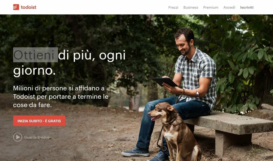 Screenshot della homepage di todoist.com