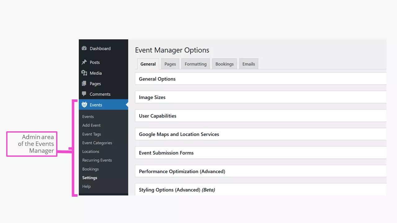 Plug-in del calendario di WordPress Events Manager nel backend di WordPress