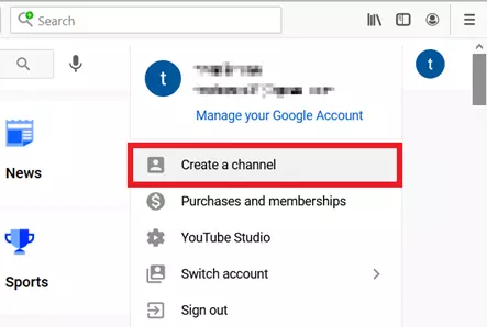 Menu rapido di YouTube: voce di menu “Crea un canale”