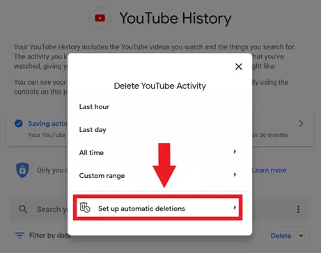 Pulsante “Imposta eliminazione automatica” di YouTube