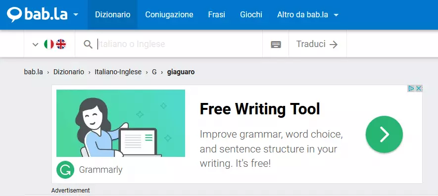 L'immagine mostra un banner pubblicitario di Grammarly su bab.la