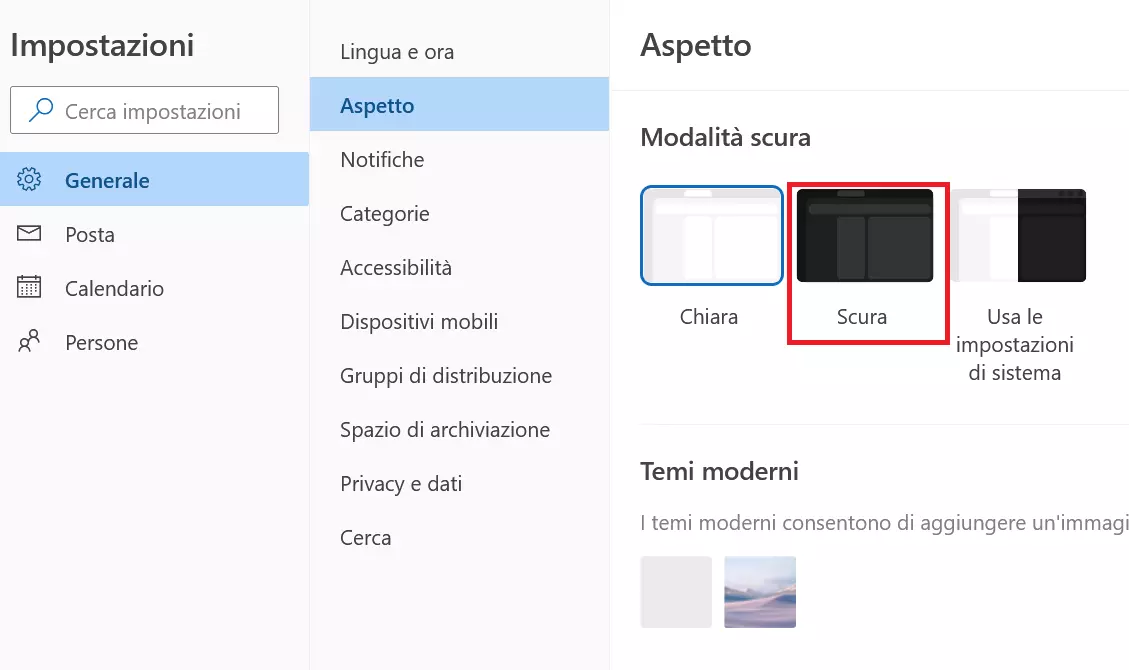 L’opzione Scura nella web app di Outlook