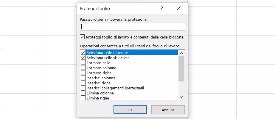 Schermata della finestra di dialogo denominata proteggi foglio