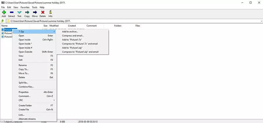 Interfaccia utente di 7-Zip con menu contestuale relativo a un file