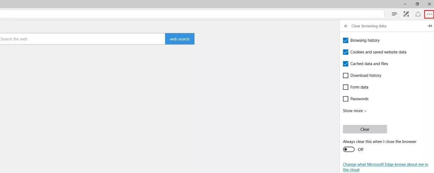 Menu di Microsoft Edge: Cancella dati delle esplorazioni