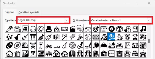 Simboli disponibili su Outlook per il carattere “Segoe UI Emoji”