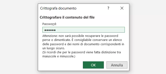 Schermata della finestra di dialogo denominata crittografia documento