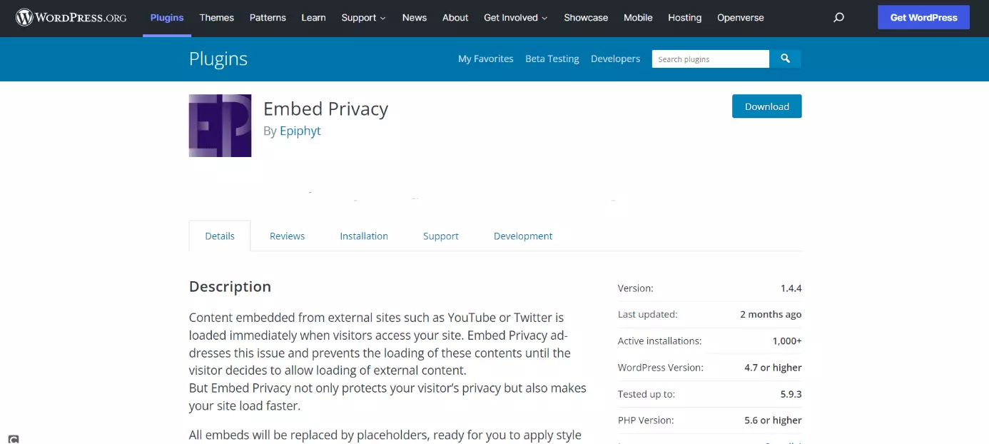 Pagina web del plugin Embed Privacy