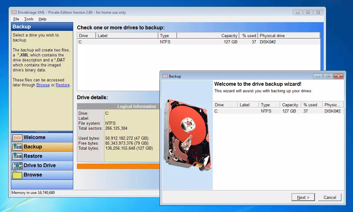 DriveImage XML 2.60: backup wizard