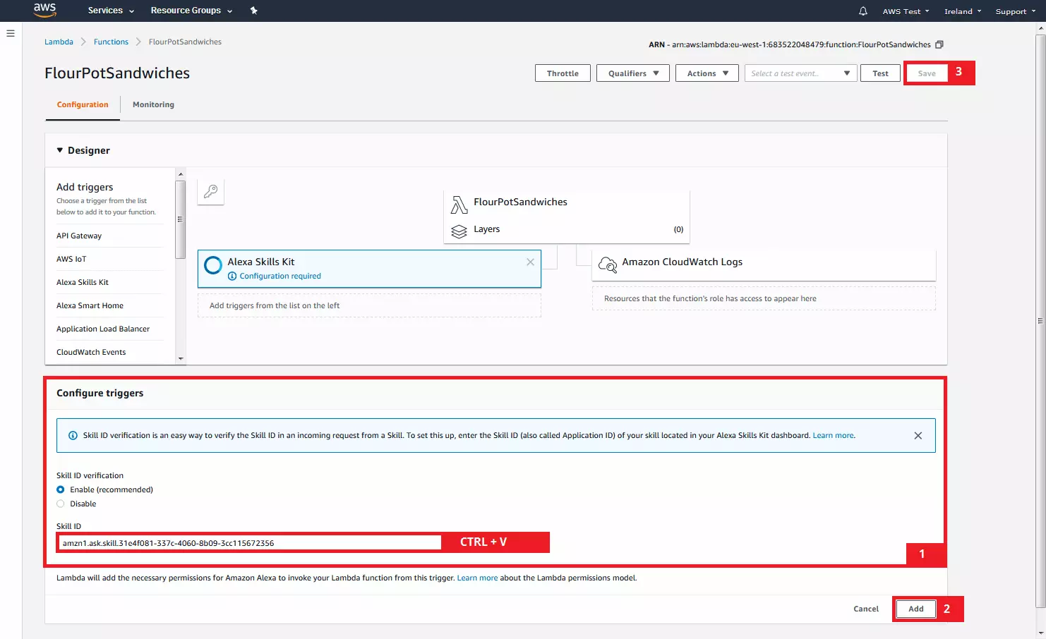 Console di AWS Management: collegamento del trigger tramite l’ID di qualificazione