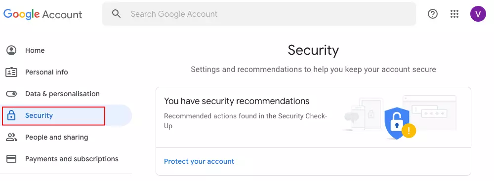 Account di Google, sezione Sicurezza