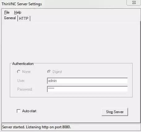 ThinVNC: menu di configurazione del server