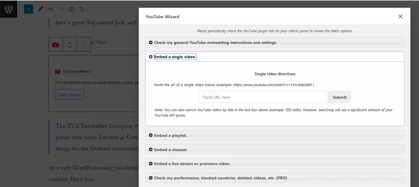 YouTube Wizard nell’editor di WordPress.