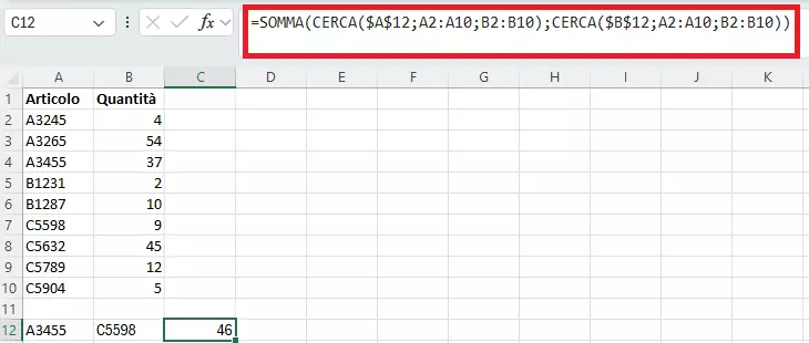 Combinazione in Excel di CERCA e SOMMA