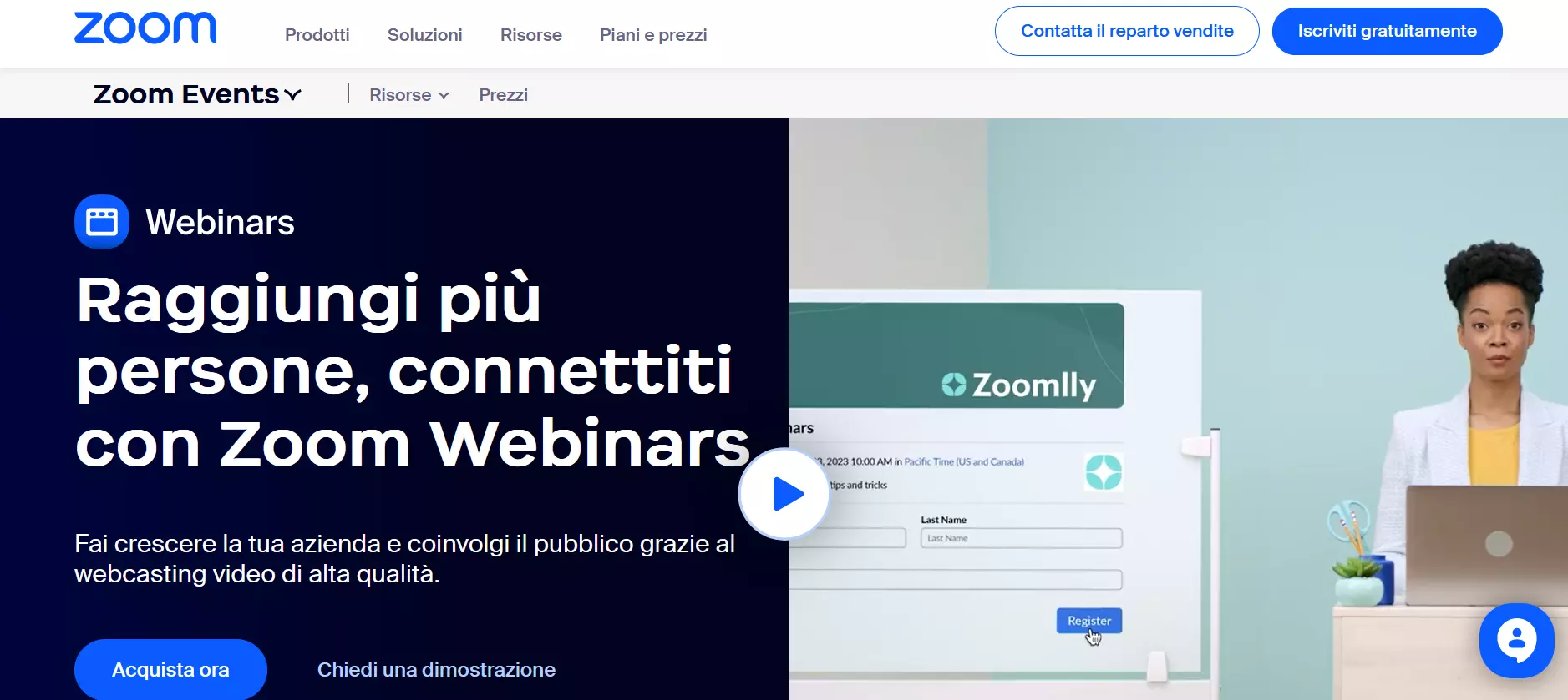 Homepage di Zoom Webinars