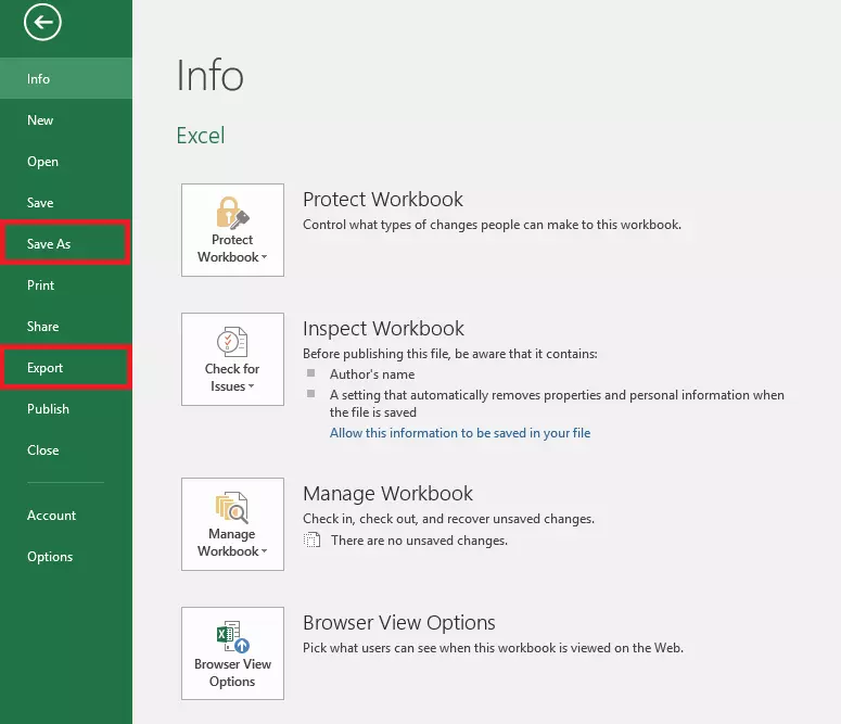 Screenshot della voce “Salva con nome” o “Esporta” in MS Excel